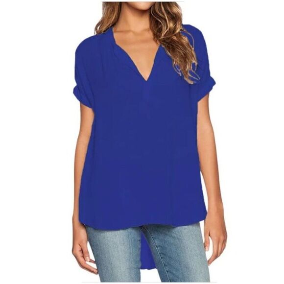 Tops - Casual Short Sleeve V-Neck Blouse Blue M